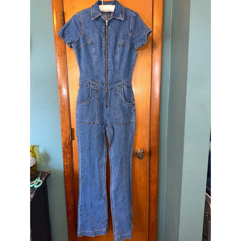 Fashion Nova Blue Denim Short-Sleeve Zip Jumpsuit